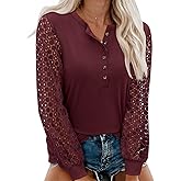 siliteelon Womens Long Sleeve Lace Tops Henley Shirts Eyelet Dressy Casual Blouses 2026 Fall Clothes Business Work Tunics