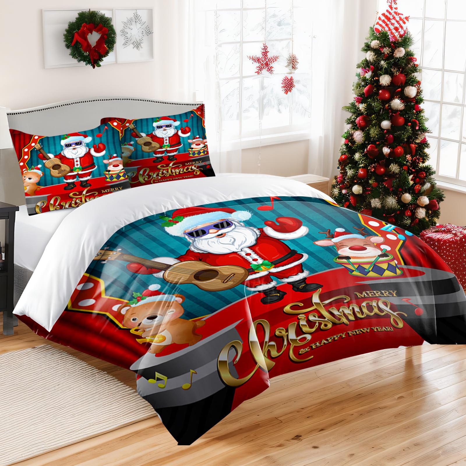 Christmas Duvet Cover Set King Size Santa Easy Care Xmas Bedding Set Christmas Reindeer Santa Claus playing guitar Printed King Size Red Quilt Bedding Set include 1 Duvet Cover 2 Pillow Style 3