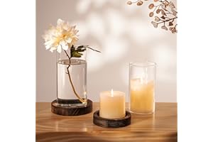 NUPTIO Hurricane Candle Holder for Centerpiece: Glass Pillar Candle Holder with Rustic Brown Wooden Plate - Set of 2 Floating Candles Cylinder Vase for Outdoor Wedding Table Decor