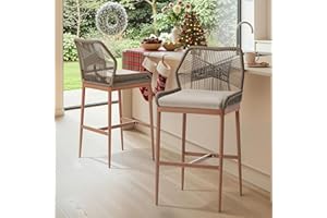 IDZO 400lbs Capacity Boho Rope Bar Stools Set of 2, 31 Inches Bar Height Stools with Cushions, Sturdy Aluminum Base, Ergonomic Curved Backrest for Indoor and Outdoor Comfort, Easy Assembly