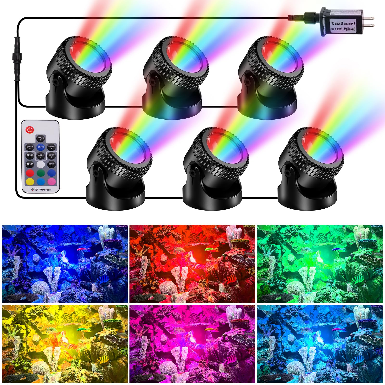 Photo 1 of POPOSOAP RGB Underwater Pond Lights with Timer, 20 Colors Dimmable Submersible Led Fountain Lights with IP68 Waterproof, Support Remote Control for Outdoor Ponds Aquarium Garden Pool (6 Headlamps)