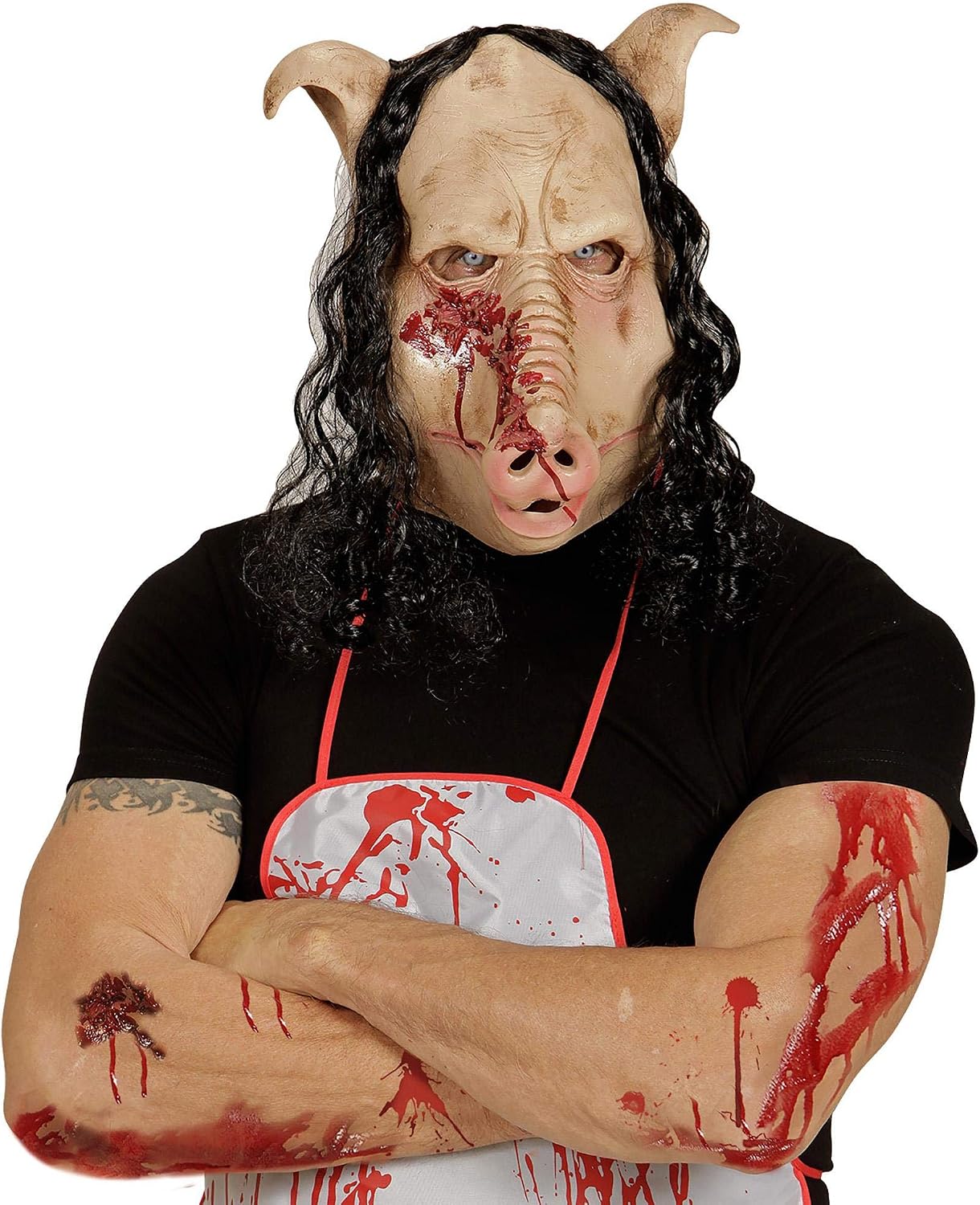 Butcher Shop Pig Mask with Hair Full Head Halloween Fancy Dress Accessory, Multi-coloured - Image 3