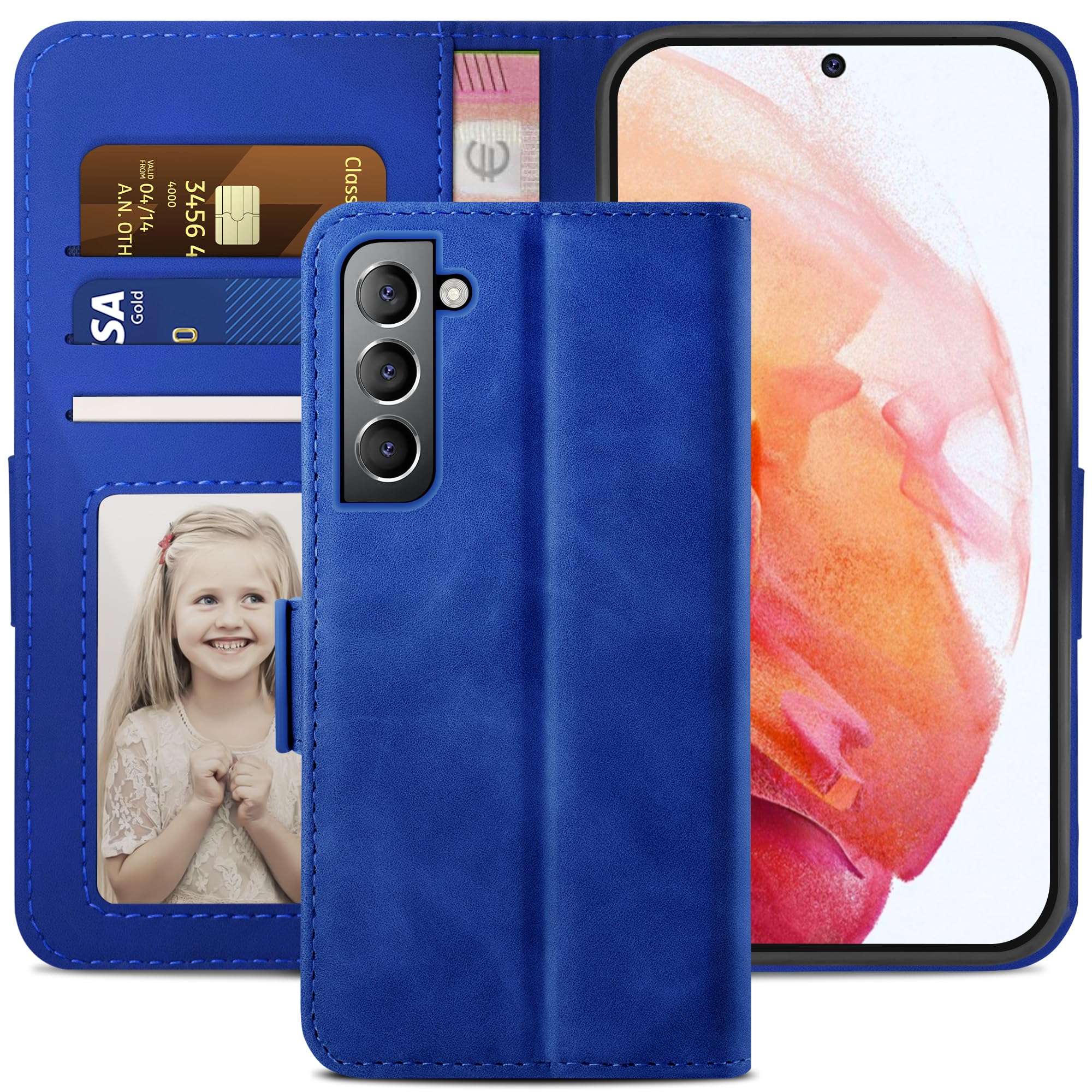 YATWIN Compatible with Samsung Galaxy S21 Case, Flip Wallet Leather Case with Card Slot and Shockproof Function Kickstand Phone Cases Cover for Samsung S21 - Royal Blue
