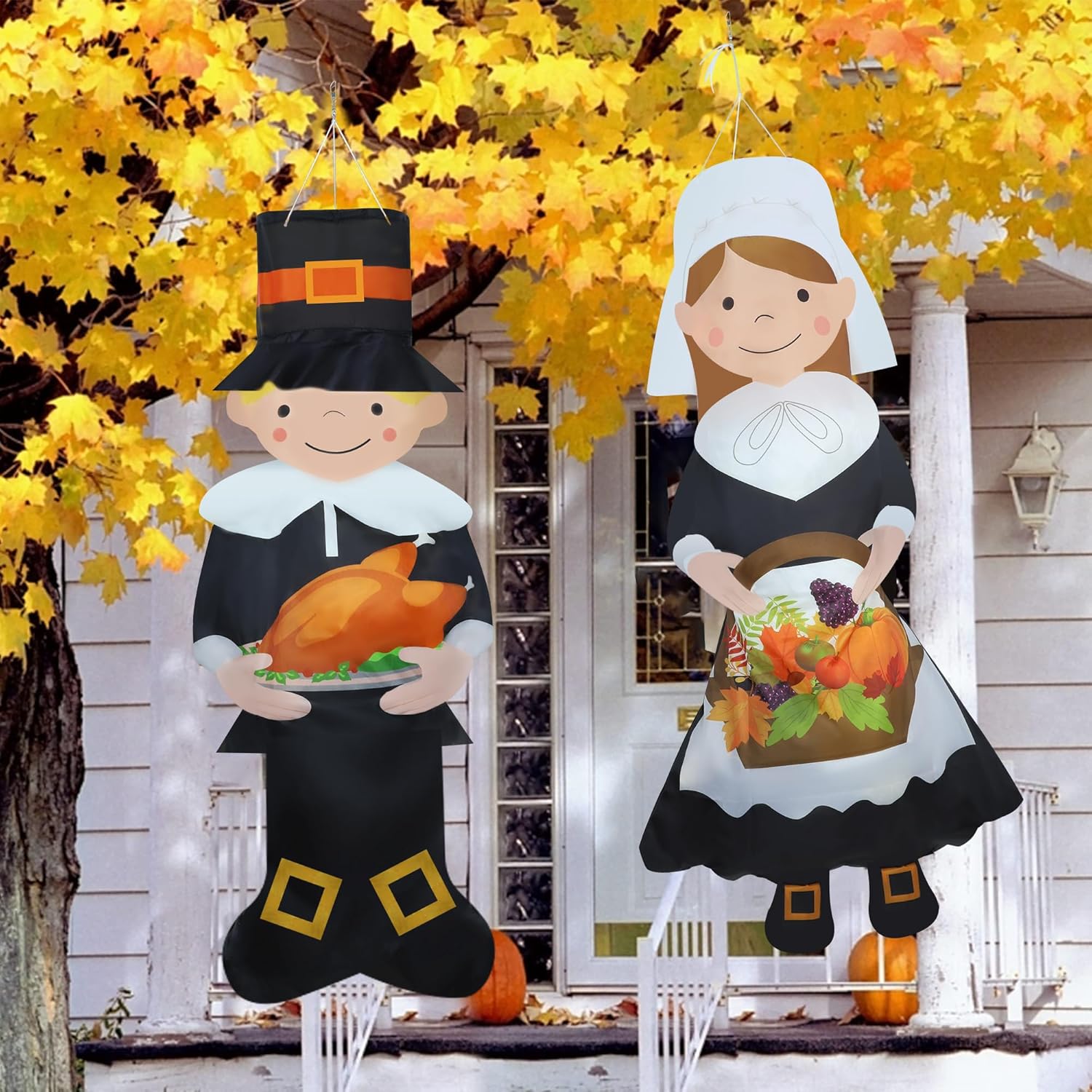 Flags - 2PCS Thanksgiving Pilgrim Boy and Girl Windsocks Decorations, Thanksgiving Windsocks Flag Fade-Resistant Thanksgiving Harvest Windsock Fall Hanging Wind Sock for Thanksgiving Yard Decorations Outdoor