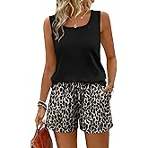 WIHOLL Two Piece Sets for Women Summer Lounge Short Sets Tank Square Neck Sleeveless Sweatsuit with Pocket