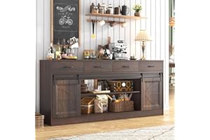chartustriable 70” Large Long Buffet Sideboard Cabinet w/4 Drawer,Farmhouse Buffet Storage Cabinet,Sliding Door,Buffet Coffee Bar Cabinet, Credenza for Living Room, Brown