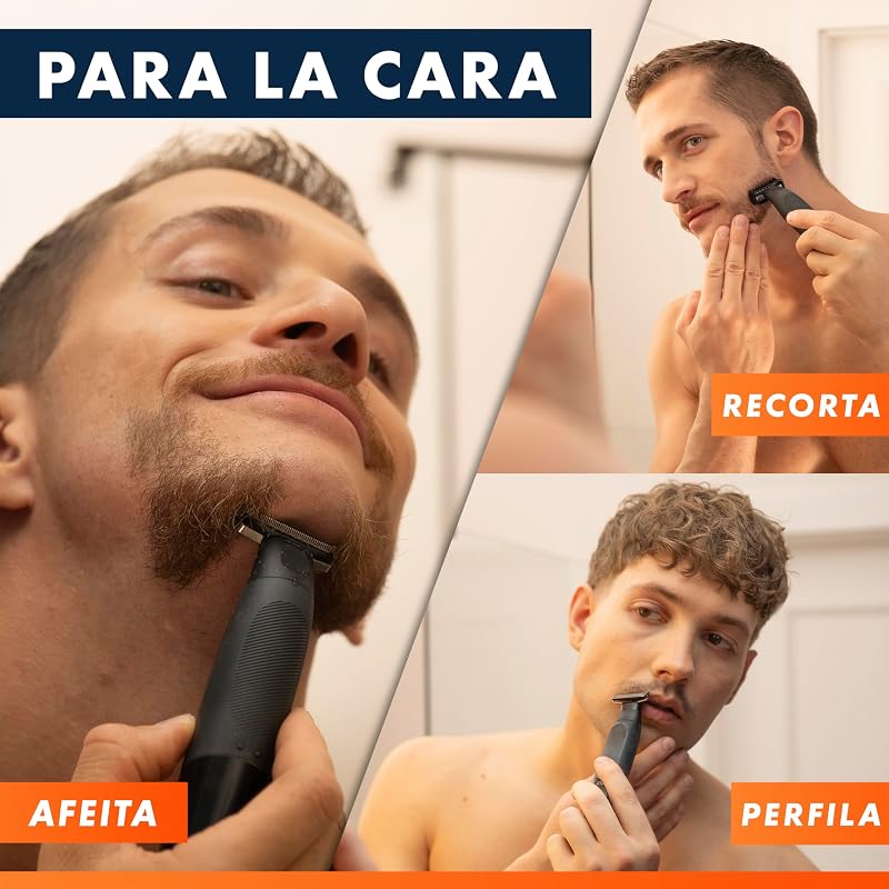 Aparador de barba e barbeador Fusion One, preto - Barbeiro tudo-em-um para rosto e corpo, cabeça pivotante, 4 pentes, tampa protetora, resistente à água, 45 minutos de uso