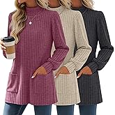 Sweetyweee 3 Pack Women's Long Sleeve Mock Neck Sweaters, Ribbed Knit Long Tops Turtleneck Loose Fit Tunic Shirt with Pockets
