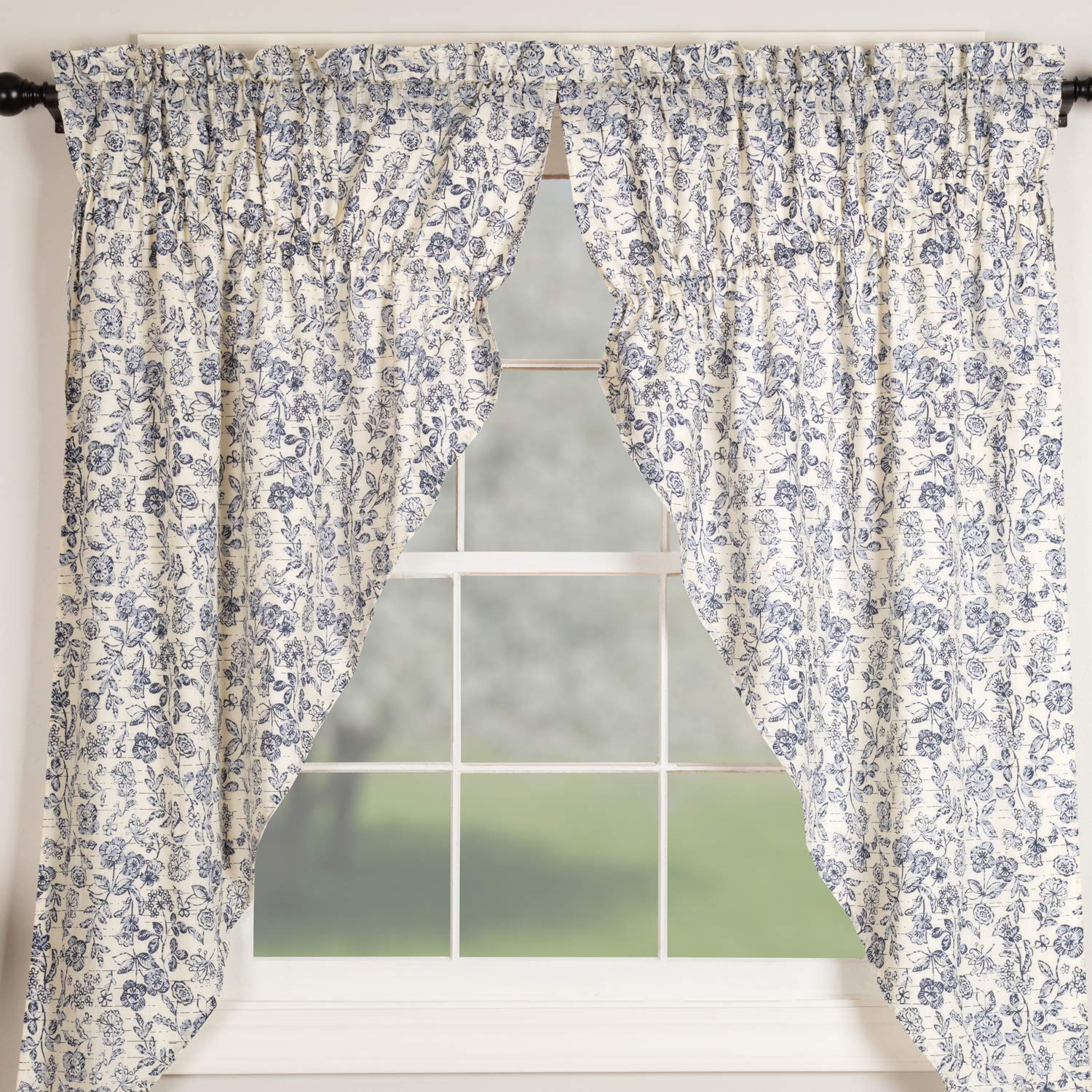 Piper Classics Doylestown Blue Floral Prairie Curtains, Gathered Swags, 63" Long, Bue & Cream Flower Print, Vintage Farmhouse, Country Cottage Window Treatment