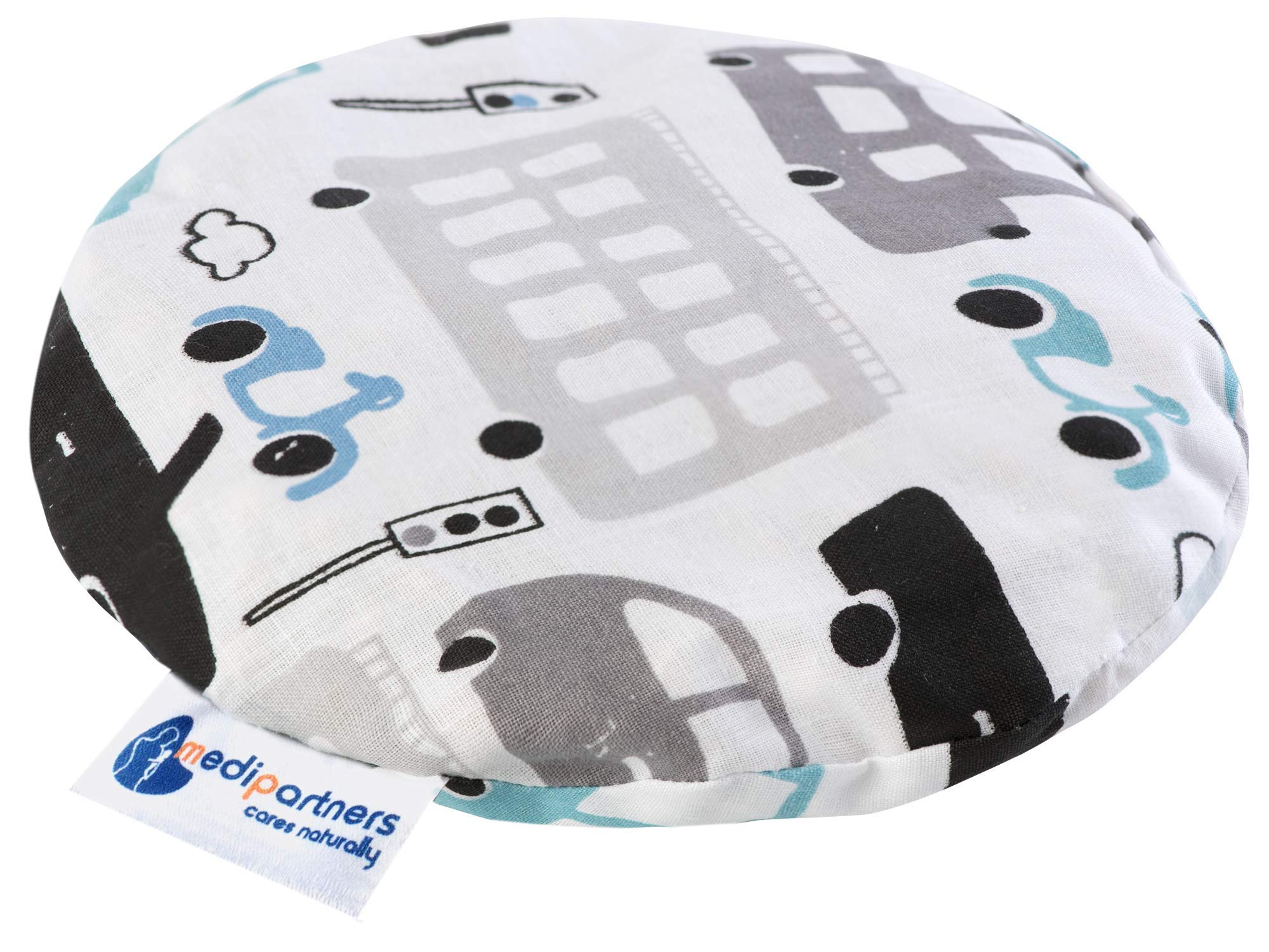 Medi Partners Cherry Stone Cushion Heat Pillow for Babies 180g Round 15cm Eco Natural 100% Cotton Heat and Cold Therapy Massage Therapy (Grey Cars)