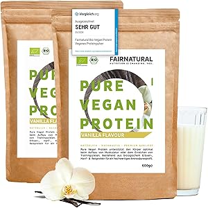 FAIRNATURAL Bio Veganes Proteinpulver Vanille ohne Soja - 1,2KG (2x600G) - 5K Protein Pulver Laktosefrei - Vegan Protein - Pflanzliches Proteinpulver Regional aus DE - Proteinshake - Eiweißpulver