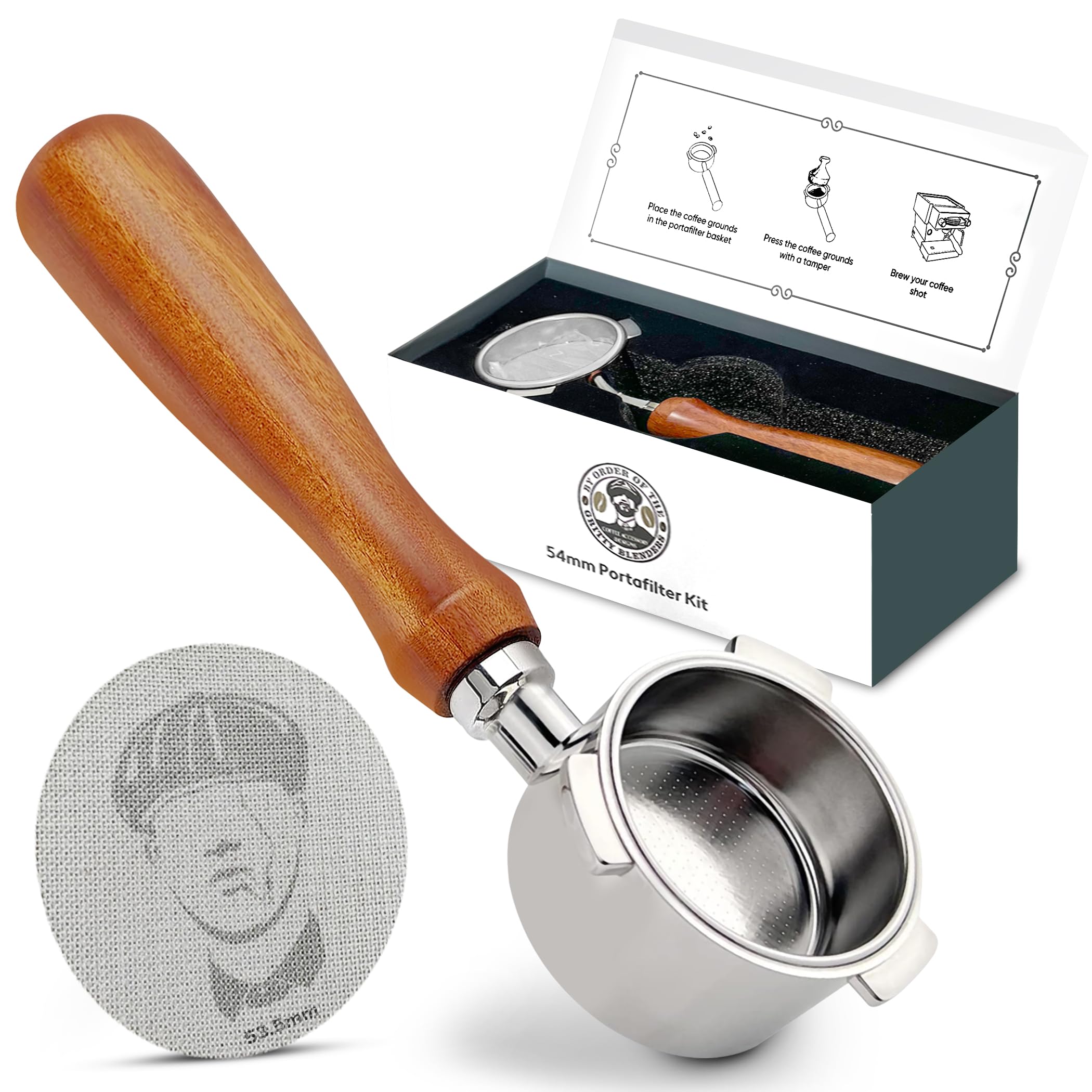 Gritty Blenders 51mm Bottomless Portafilter with Compatible Puck Screen and Basket | Compatible with De'Longhi Dedica EC680-685, and Smeg ECF Models Only, 3 Ear-Portafilter