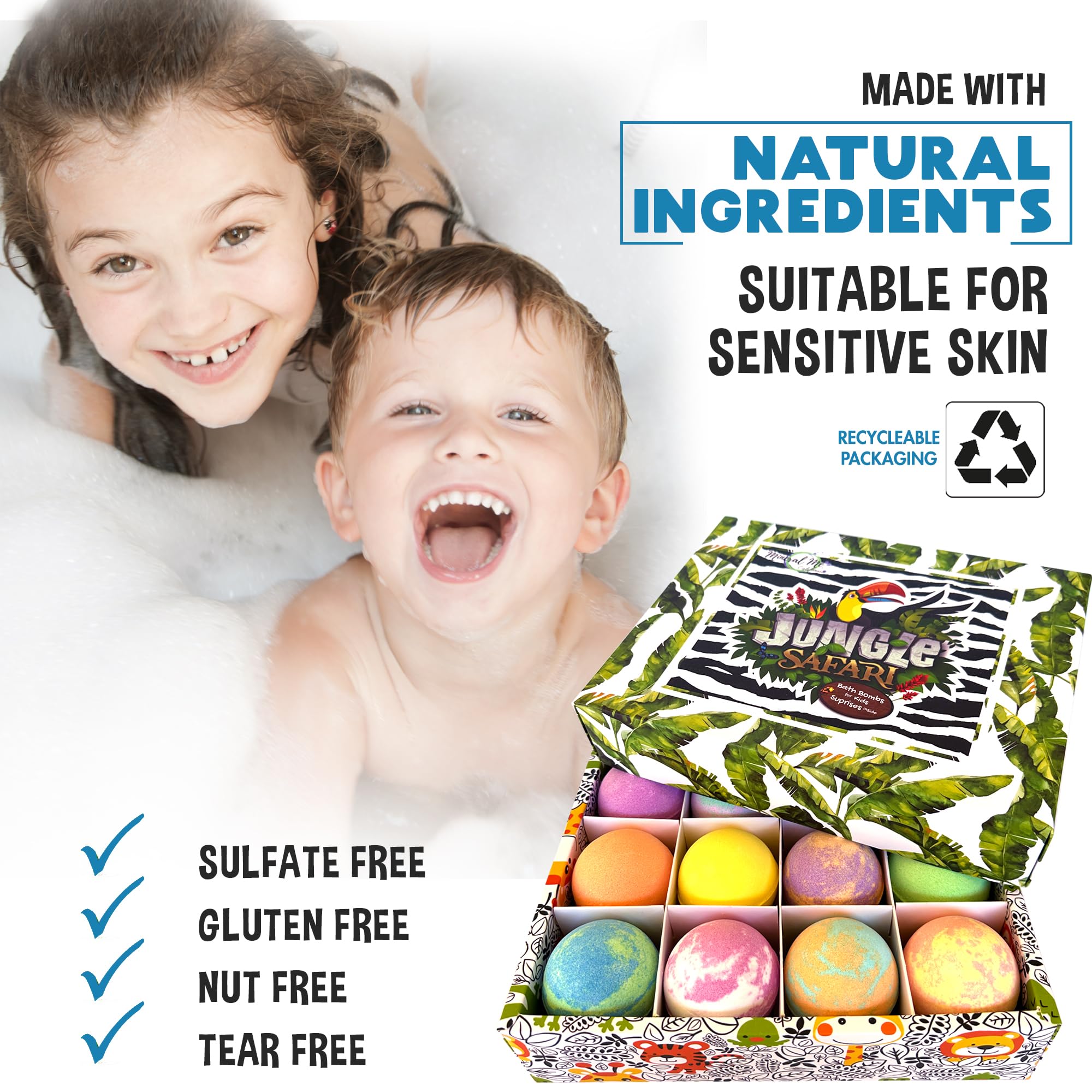Bath Bombs for Kids with Surprise Inside, 12 Bubble Bath Fizzies with Jungle Animal Toys. Moisturizing, Gentle & Kids Safe, Rainbow Spa Bath Fizz, Birthday Gifts for Boys, Girls