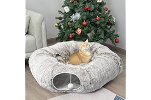 AUOON Cat Tunnel Bed with Central Mat,Big Tube Playground Toys,Soft Plush Material,Full Moon Shape for Kitten,Cat,Puppy,Rabbit,Ferret (Khaki)