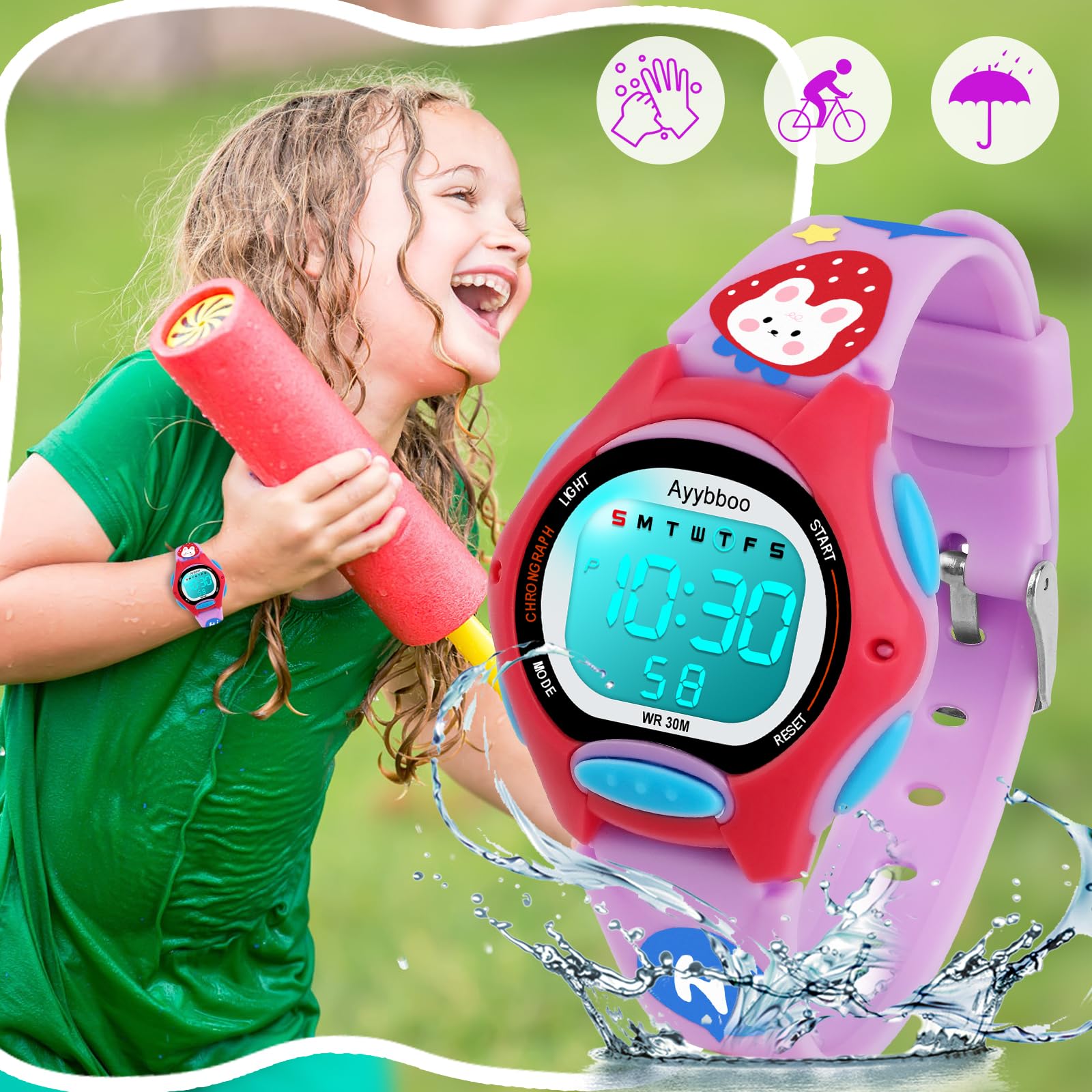 Kids Watch Digital with Cartoon Band, Colorful LED Lights 30M Waterproof, Alarm Clock, Sport Watch with Stopwatch, Cute Child Presents for Girls Boys Ages 5-12