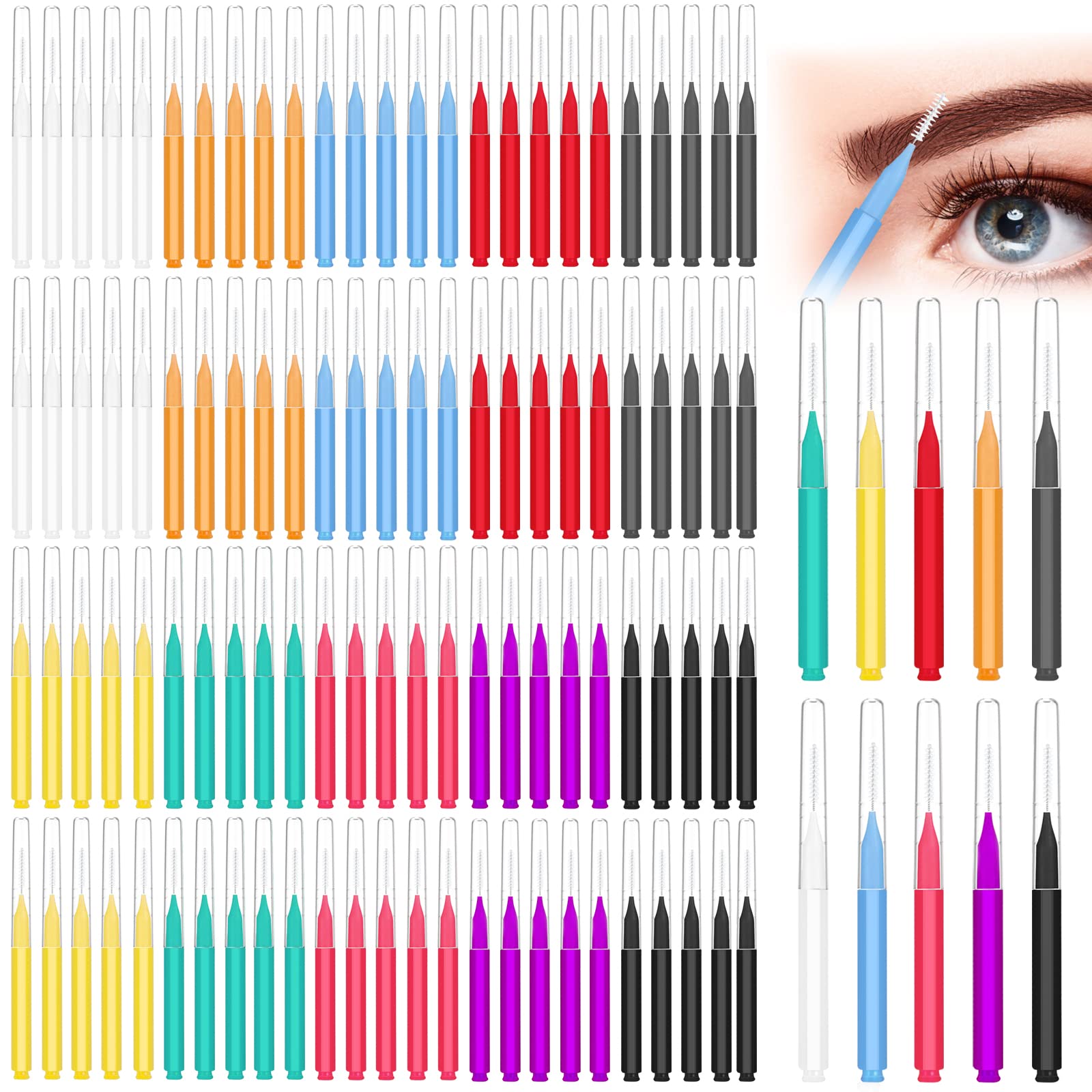 100Pcs Micro Eyebrow Brush, Eyelash Comb Brush with Cap, Portable Brow Lamination Brush Lash Eyebrow Brush for Eyebrows, Multifunctional Brow Brushes for Eyebrows Eyelash Extensions Tool, 10Colors — image 1