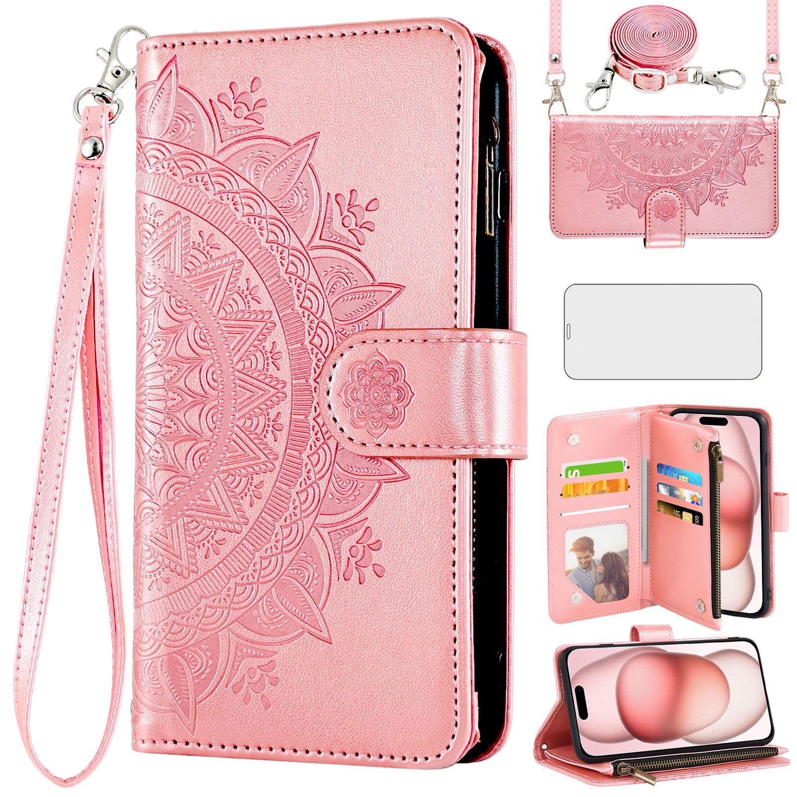 Asuwish Phone Case for iPhone 15 6.1 inch Wallet Flip Cover with Tempered Glass Screen Protector and Mandala Flower Card Holder Cell Accessories iPhone15 5G i i-Phone i15 15Case Women Girls Rose Gold