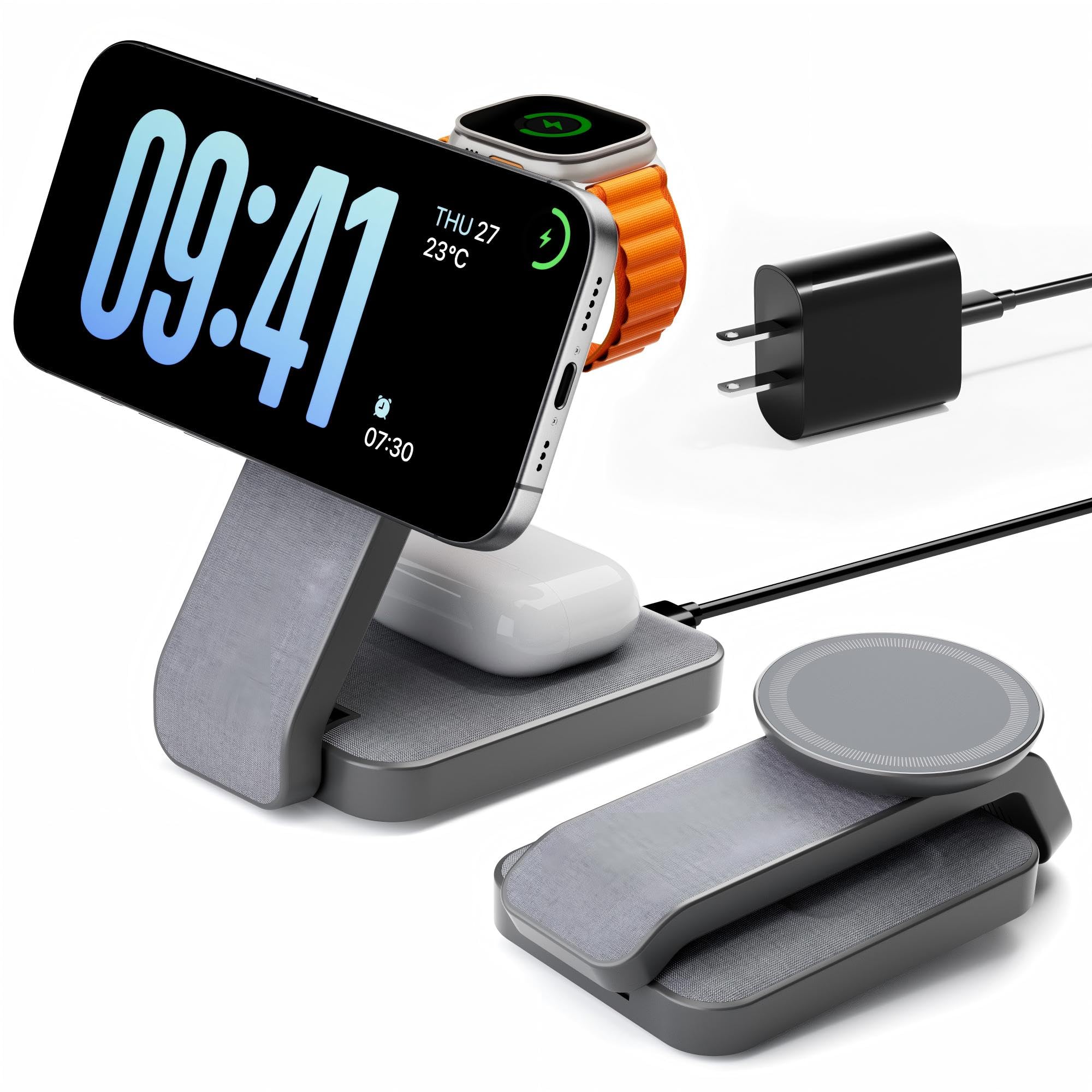 Wireless Charger, 3 in 1 Charging Stand, Magsafe Charger, Apple Watch Charger, Foldable, Magnetic, Charge 3 Devices Simultaneously, Compatible with iPhone 17/16/15/14/13/12 Series, Compatible with