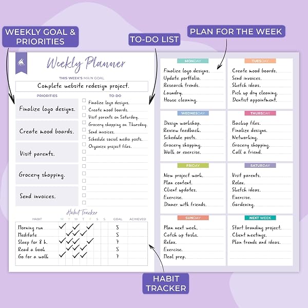 CLEVER FOX WEEKLY DESK PLANNER – DESKTOP WEEKLY TO DO LIST NOTEPAD & PLANNING PAD FOR BOOSTING PRODUCTIVITY, 50 TEAR OFF WEEKLY JOURNAL SHEETS, SIZE: 8.5″ X 11″ – LAVENDER