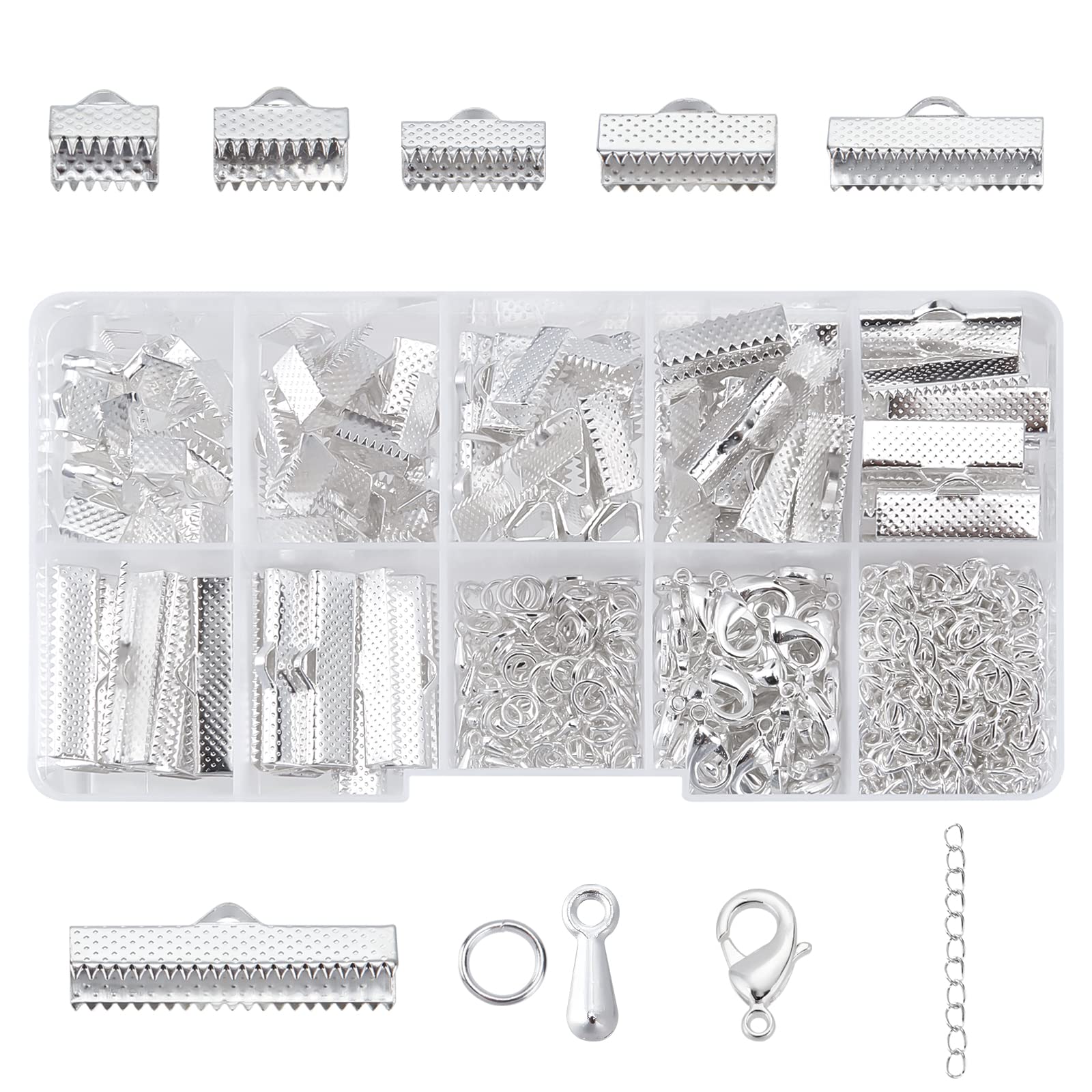 PandaHall Elite 500 pcs Jewelry Findings Sets with Iron Ribbon Ends, Alloy Drop End Piece, Brass Lobster Claw Clasps Iron Twist Extender Chains, Silver