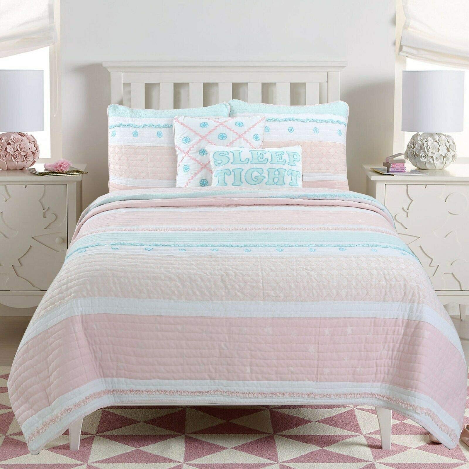 Cozy Line Home Fashions Light Pink Blue Ruffles Girl 100% Cotton Reversible Quilt Bedding Set, Coverlet, Bedspread (Candy, Twin - 2 Piece: 1 Quilt + 1 Standard Sham)