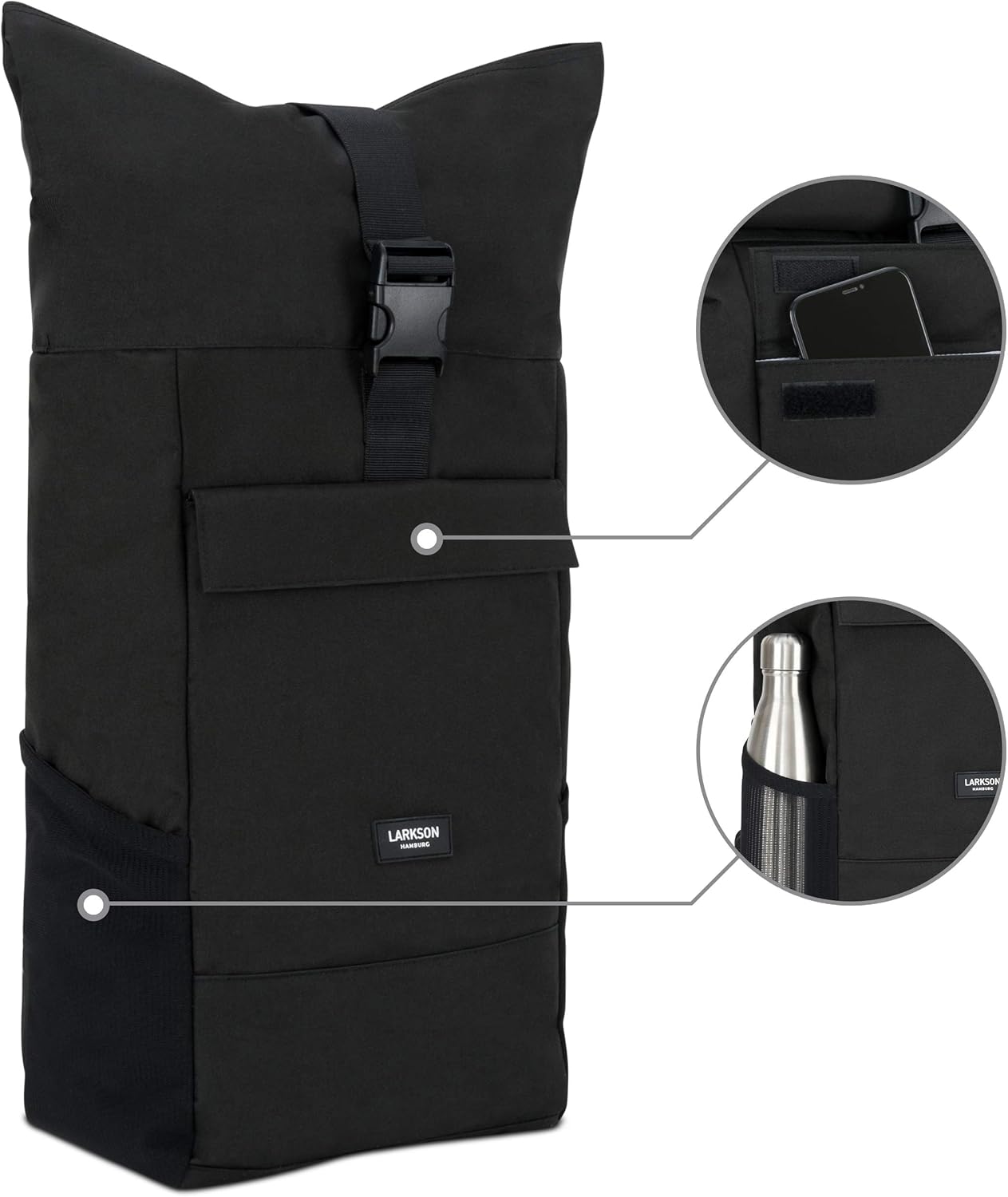 Larkson Roll Top Backpack Women & Men Black, No 4, Rucksack for University School, Office, College Laptop Bag 16 Inches - Image 3