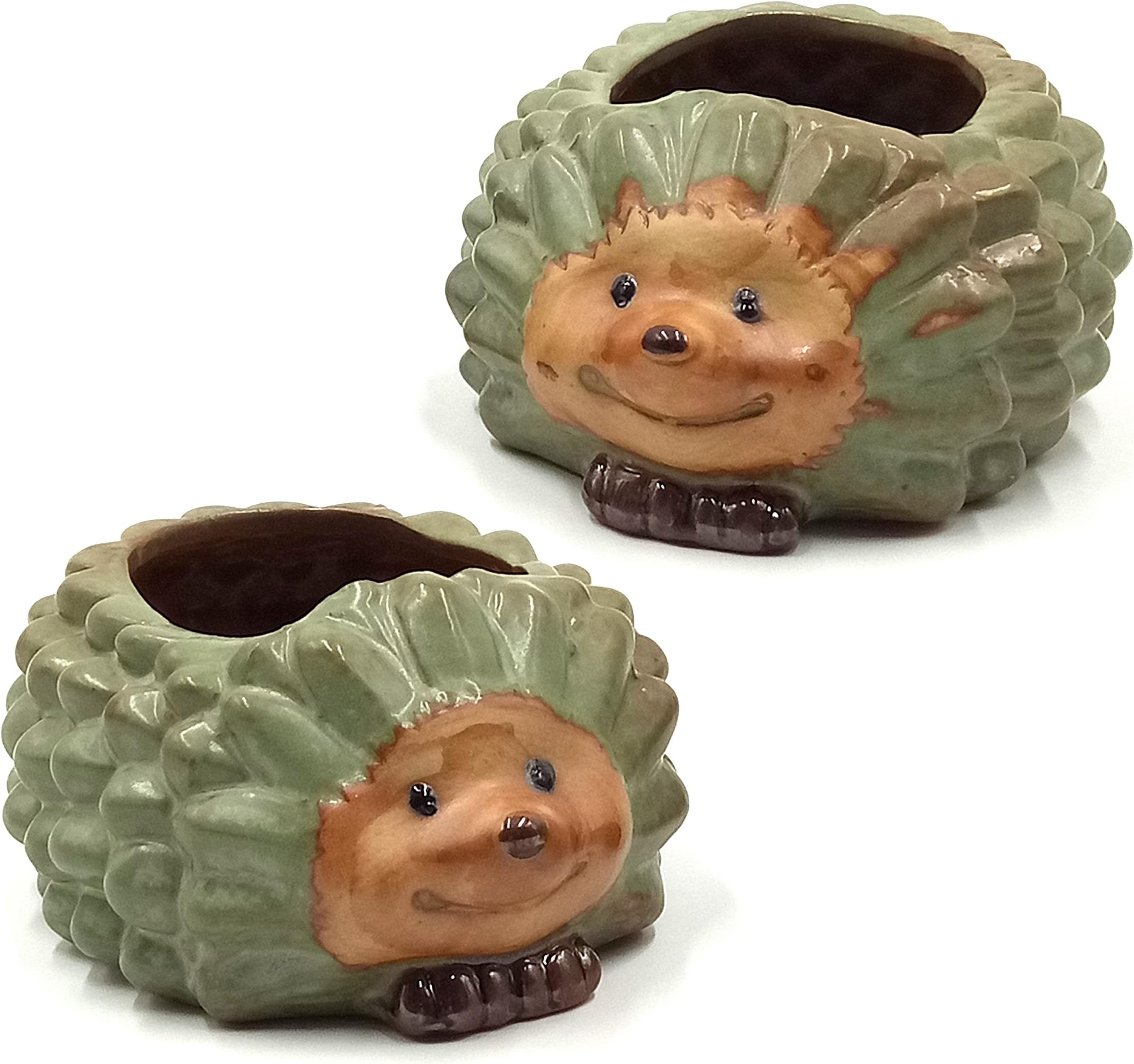 LEANDALE Succulent Pots Cactus Plant Flower Mini Hedgehog Animal Pots Rustic Antique Green Set of 2 in Gift Box (Green-Hedgehog)