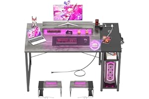 armocity Computer Desk with LED Lights, Gaming Desk with Power Outlet and USB, 40 Reversible Laptop Table with Moveable Monitor Stand, Small Desk for Small Spaces, Office, Gaming Room, Grey and Black
