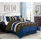Chezmoi Collection Arden 7-Piece Modern Pleated Stripe Embroidered Zigzag Bedding Comforter Set (Queen, Coffee/Brown/Navy/White)