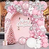 Ouddy Life Pink Christmas Balloon Garland Arch Kit, 157pcs Pink White Silver Snowflake Candy Cane Star Foil Balloons for Xmas Winter Wonderland Princess Baby Shower Birthday Party Decorations
