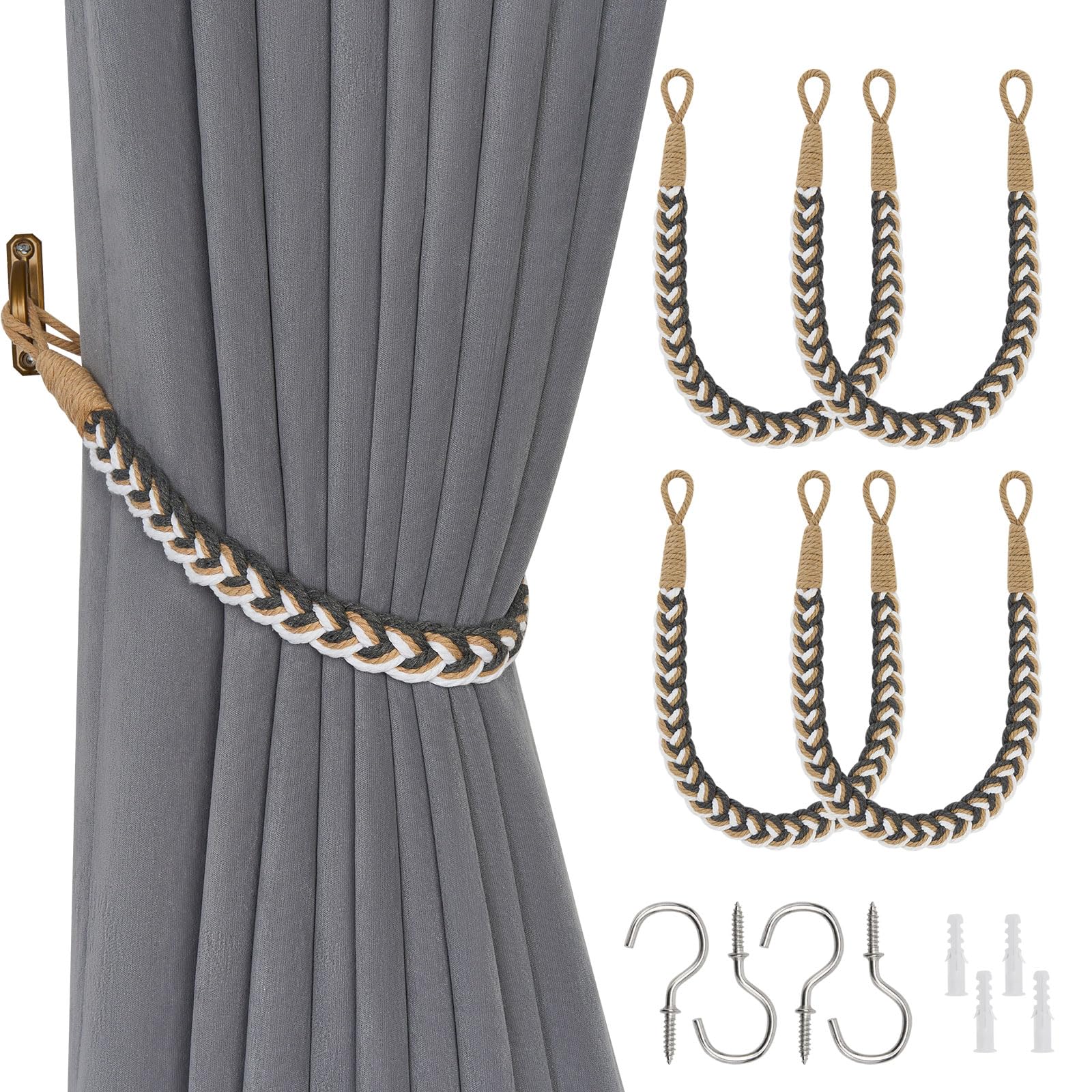 Pretty Jolly 4 Pack Natural Cotton Rope Curtain Tiebacks Elegant Boho Style Decorative Drape Tie Backs Soft Hand-Woven Rope Curtain Holdbacks with Metal Hook for Home Office Drapery (Grey & Beige)