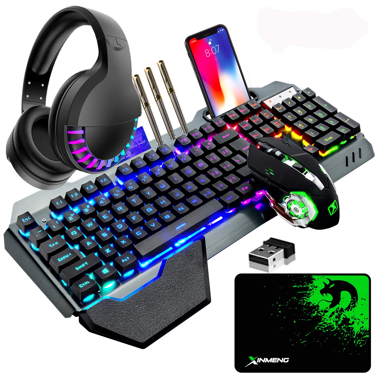Hoopond Wireless Gaming Keyboard & Mouse & Headset & Mouse Pad, 4 in 1.16 RGB Backlit Rechargeable Keyboard, 7 Backlit Mice & RGB Gaming Headset