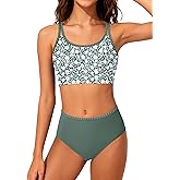 TyeSmo Girls Swimsuit Two Piece Double Straps Sporty Bathing Suit High Waisted Bikini Tropical Floral Swimwear 9-16Y