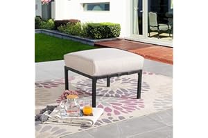 Festival Depot Patio Ottoman Metal Footstool with Thick Cushion Small Seat All Weather Outdoor Furniture for Porch Deck Garden (Beige)