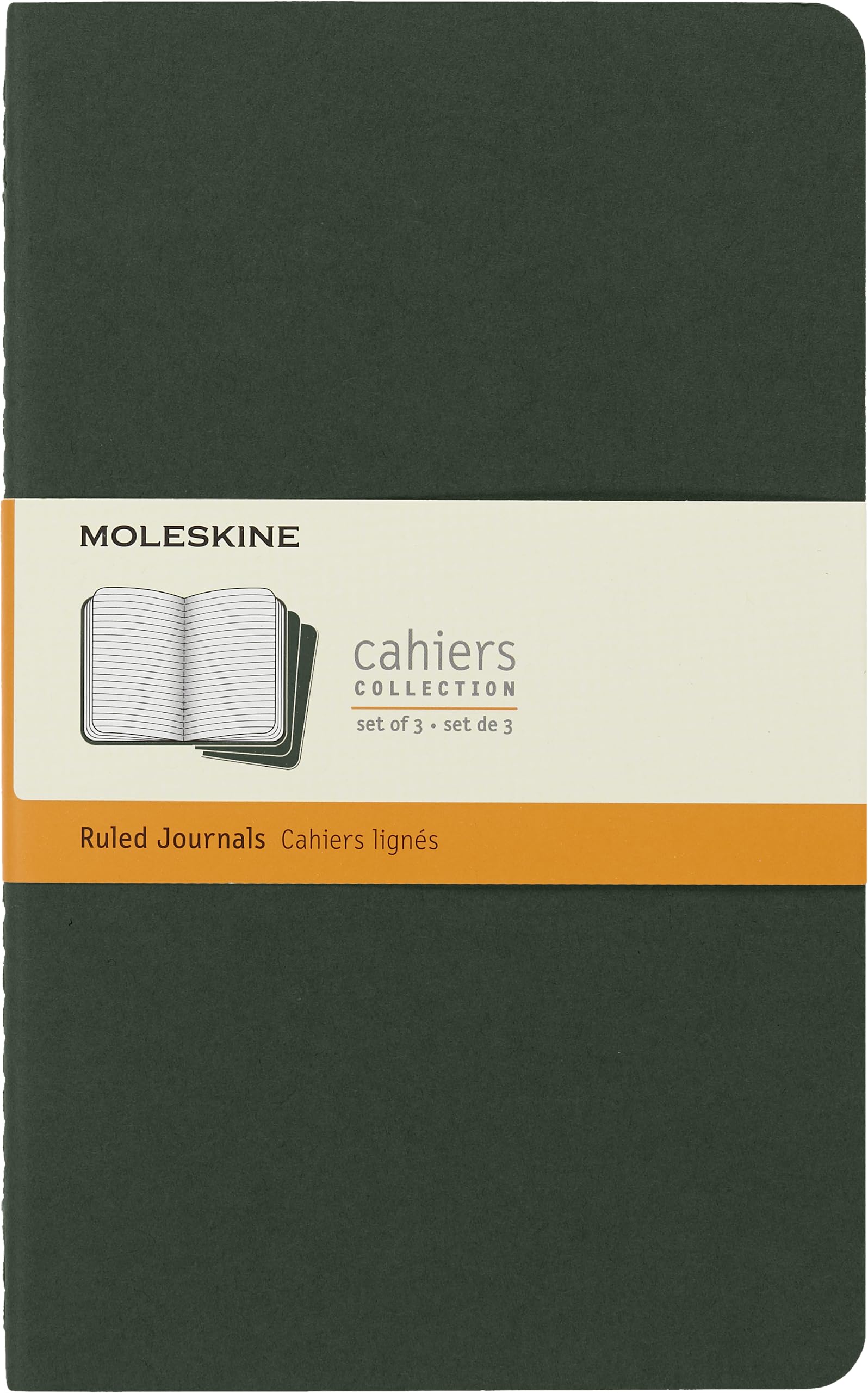 Moleskine Cahier Journal, Set 3 Notebooks with Ruled Pages, Cardboard Cover with Visible Cotton Stiching, Colour Myrtle Green, Large 13 x 21 cm, 80 Pages