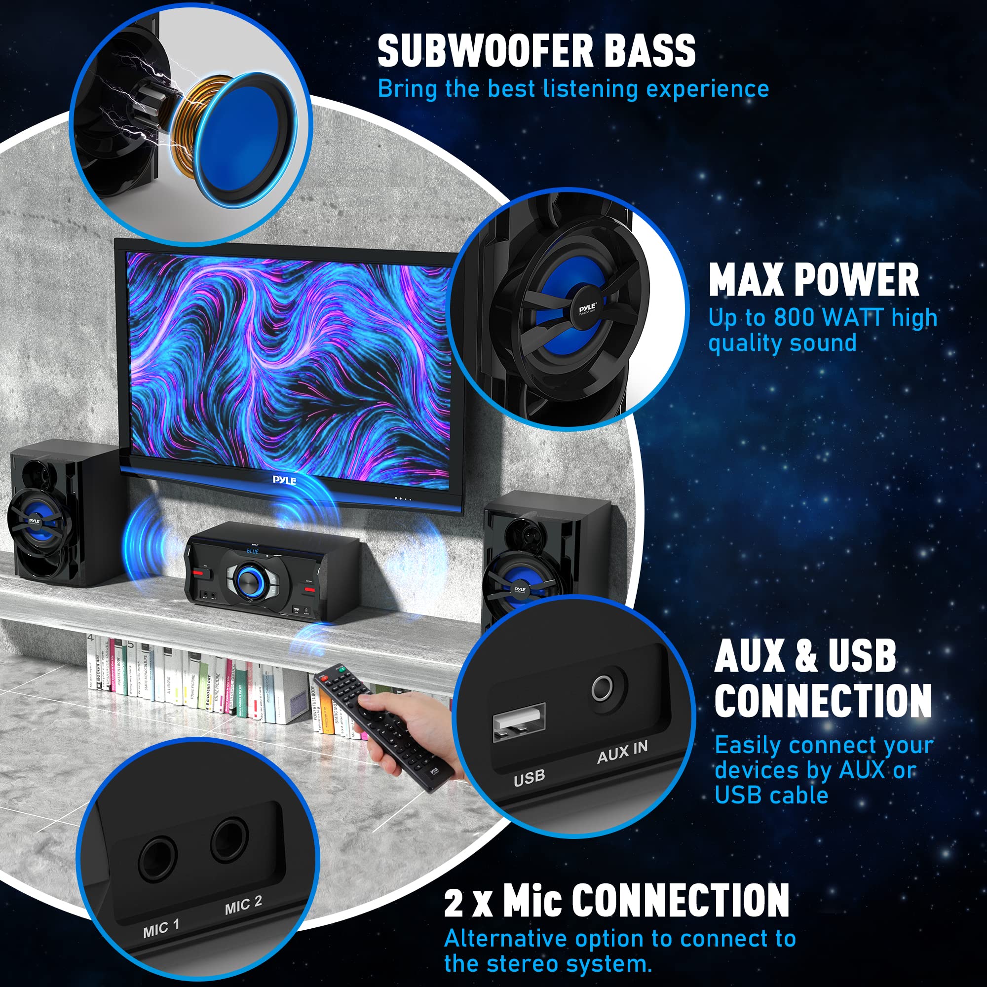Pyle 3-piece Wireless BT Streaming Stereo with 800 Watt Max Power, Sleek and Compact Design, Mini System for Home with MP3, USB, FM Radio, Bass Reflex Speaker, and Remote Control