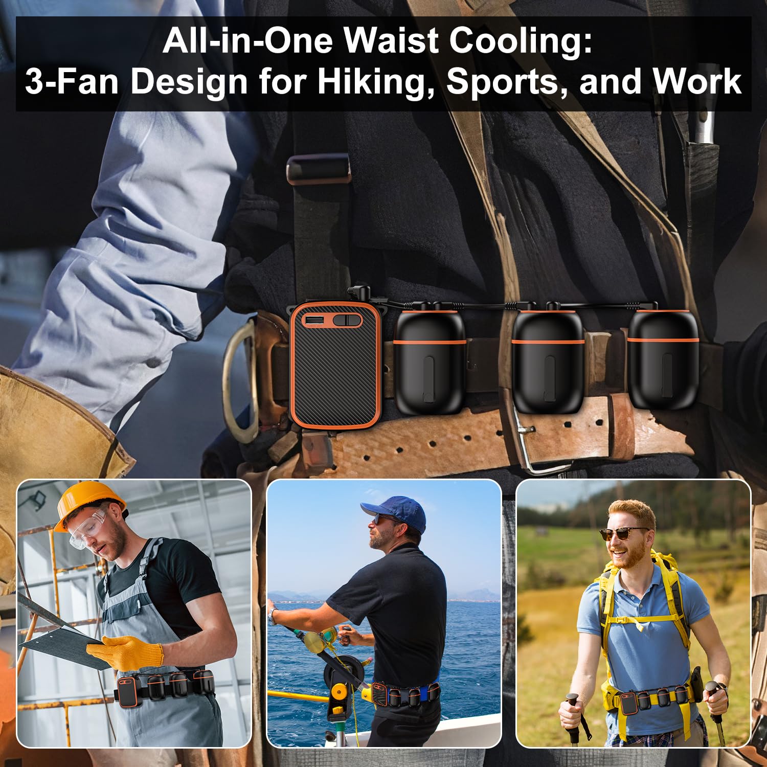 Portable Waist Fan with 3 Small Fans for 10 times Strong Wind & Wide Cooling Area 10000mAh Battery Over 24H Working Time Hands-Free Fan with Belt for Outdoor, Sports, Travel (Black Orange)