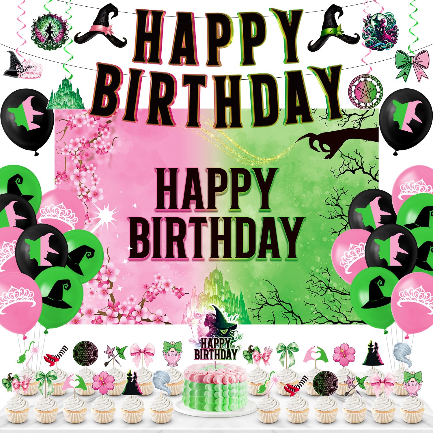 Photo 1 of 57pc Green Pink Birthday Party Decorations Include Birthday Decorations Backdrop, Colorful Balloons, Cartoon Cake Topper, Banner Hanging Swirls, Party Decorations for Boys and Girls