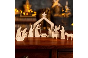 NEROSUN Nativity Scene Set, 13Pcs Wooden Christmas Nativity Scene Miniature Holy Family Figurines, Minimalism Boho Tabletop Christmas Manger Decorations for Indoor Home Mantel Display