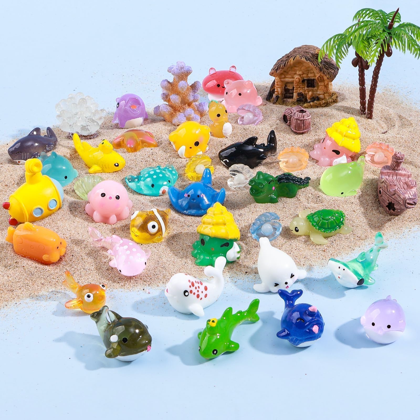 dsooldre 50pcs Mini Ocean Resin Animals Tiny Sea Animals Figurines Marine Miniature Plastic Animals Aquarium Ornaments Decorations for DIY Fish Tank Potted Micro Fairy Garden Dollhouse