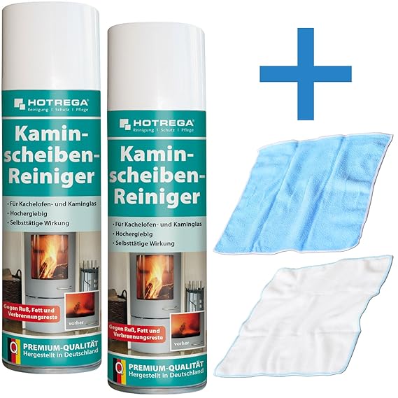 Hotrega Kaminscheibenreiniger 2er Set 600ml + 2x Microfasertuch Kamin Scheiben Schaum Reiniger Spray