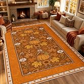 AtawLege Fall 5x7 Area Rugs Washable Non Slip, Pumpkin Rugs for Bedroom | Soft, Low Pile, Non-Shedding, Stain Resistant, Waterproof, Sunflower, for Living Room Indoor Thanksgiving Decor, Orange