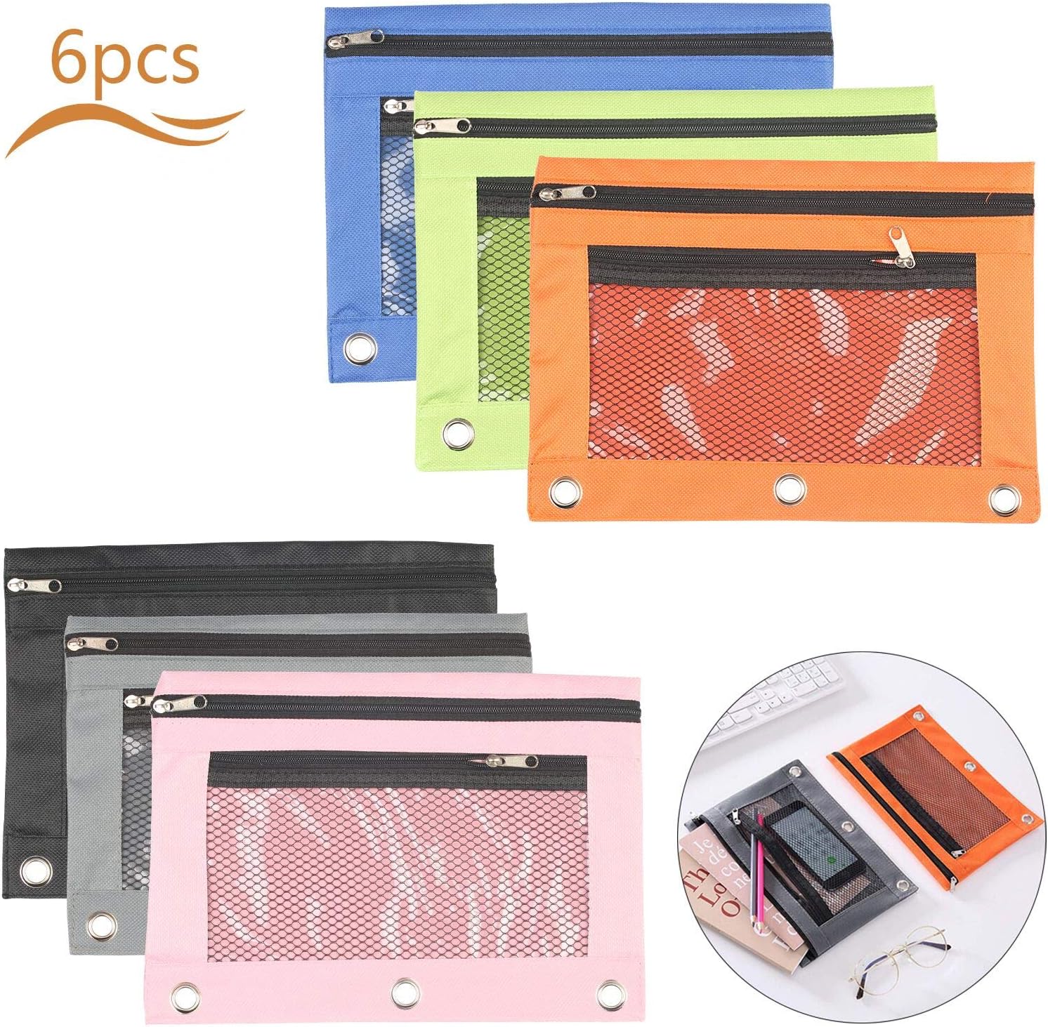 Matogle 6pcs 3 Rings Binder Pencil Pouch with Mesh Window Pencils Case
