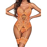 Donnalla Women Sexy Lingerie Set with Garter Belt Lace Bodysuit Teddy with Panty