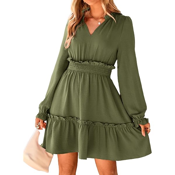 Women's Fall Short Dress – Long Sleeves, Square Neck, Ruffle Hem, Lantern Sleeve Design – Casual Swing Dress For Autumn & Winter - View #2