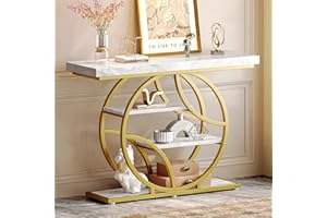 Huuger 41.3 Inch Entryway Table with Marble Top, Modern Console Sofa Table, Accent Table with Shelves, for Entry, Hallway, Entrance, Foyer, O-Shaped Metal Frame, White Marble & Gold