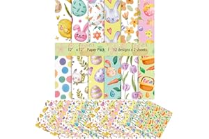 WISHTA 24Sheet Easter Scrapbooking Cardstock Set 11.81x11.81inches Rabbit Egg Flower Easter Patterns Decorative Paper for Card Making Craft Junk Journal Gift Decoration Supplies(H-Easter)