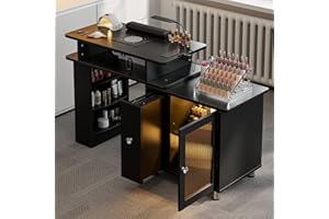 TTGIEET Manicure Table w/LED Light & Lamp, Nail Desk Nail Tech Table w/Dust Collector & Charging Station, Nail Station w/Acrylic Display Rack, Drawers & Glass Door Cabinet (Black)