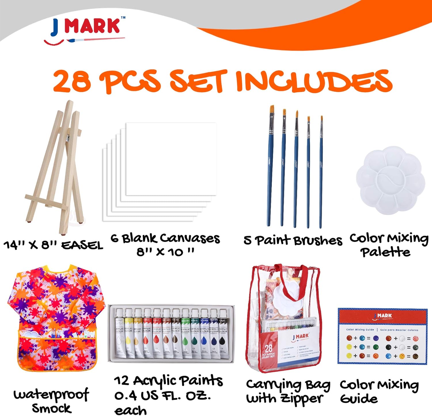 Paint Easel Kids Art Set- 28-Piece Acrylic Painting Supplies Kit with Storage Bag, 12 Non Toxic Washable Paints, 1 Scratch Free Wood Easel, 6 Blank Canvases 8 x 10 inches, 5 Brushes, 10 Well Palette: Home Improvement