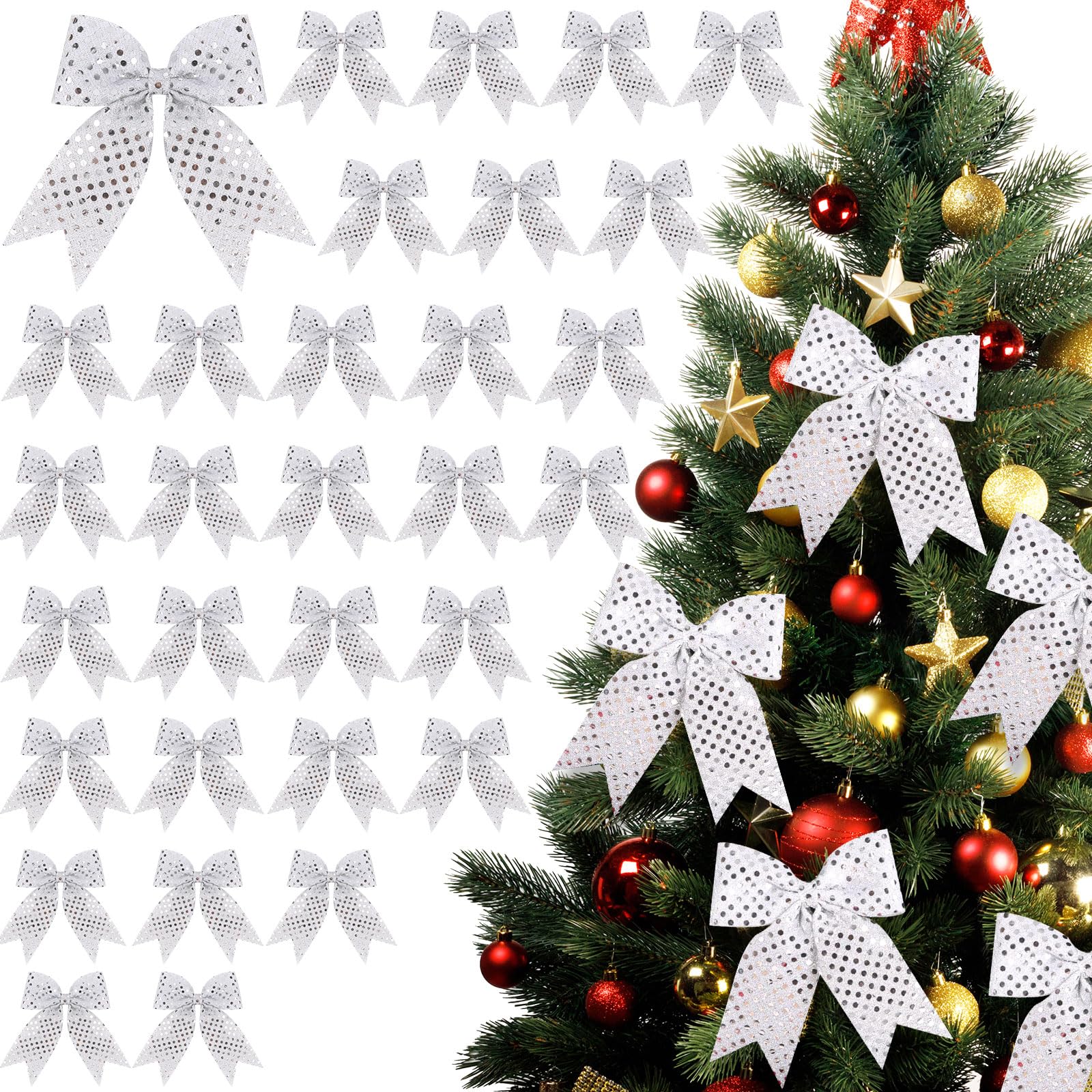 Photo 1 of CN 30 Pcs Christmas Tree Bows, Silver Christmas Bows for Present, Bow Tie Ribbon Twist Tie Xmas Tree Ornaments Bows for Gift Wrapping Wreaths Decorations (Silver)